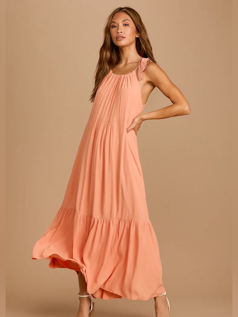 Lulus - Sweet Encounter Peach Tie-Strap Tiered Midi Dress